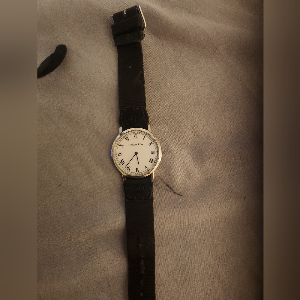 Tiffany & Co. Silver Watch with Black Leather Strap